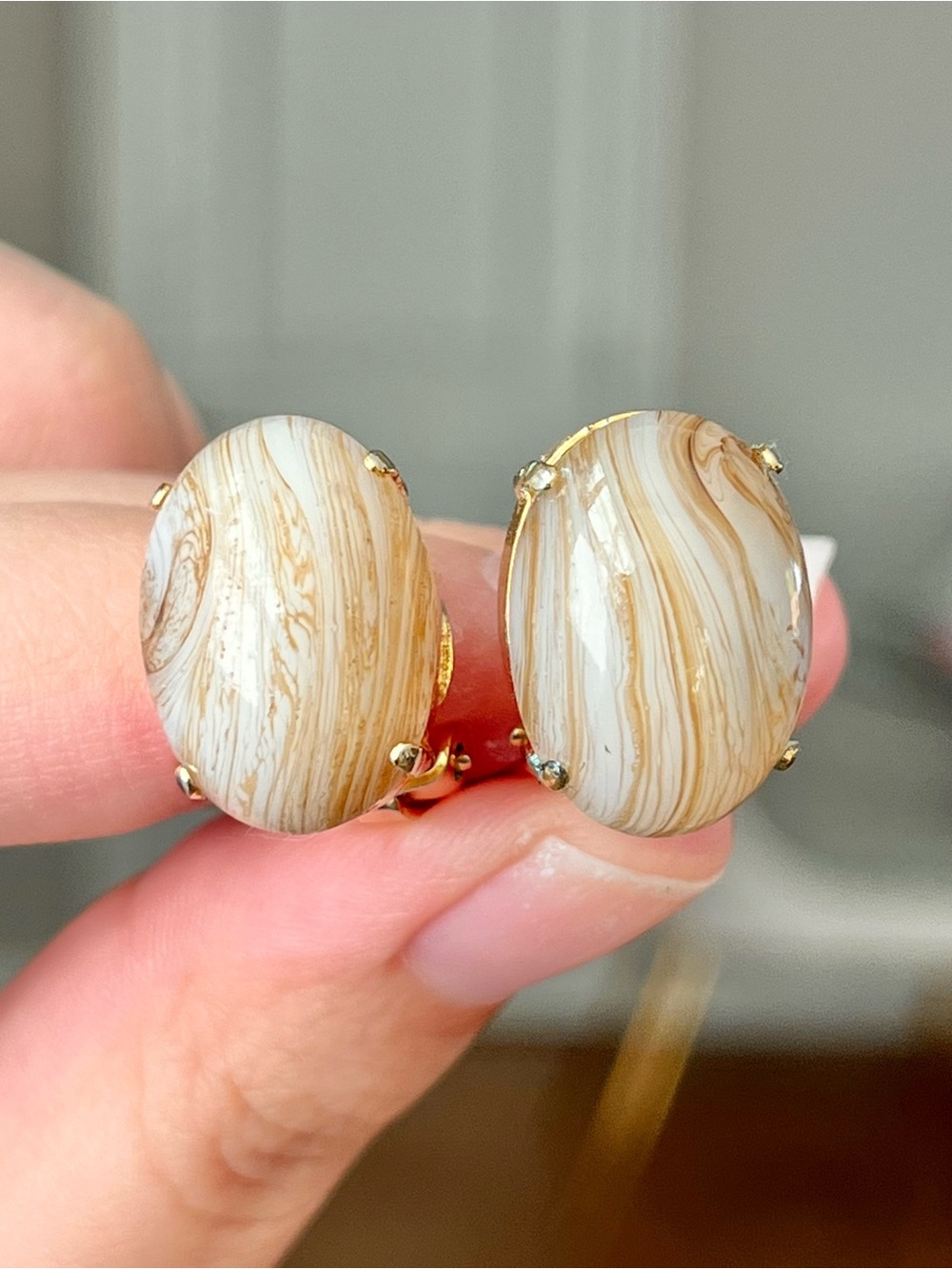 Authentic Vintage Dior 1963 Latte Oval Beige Striped Poured Glass Clip Earrings